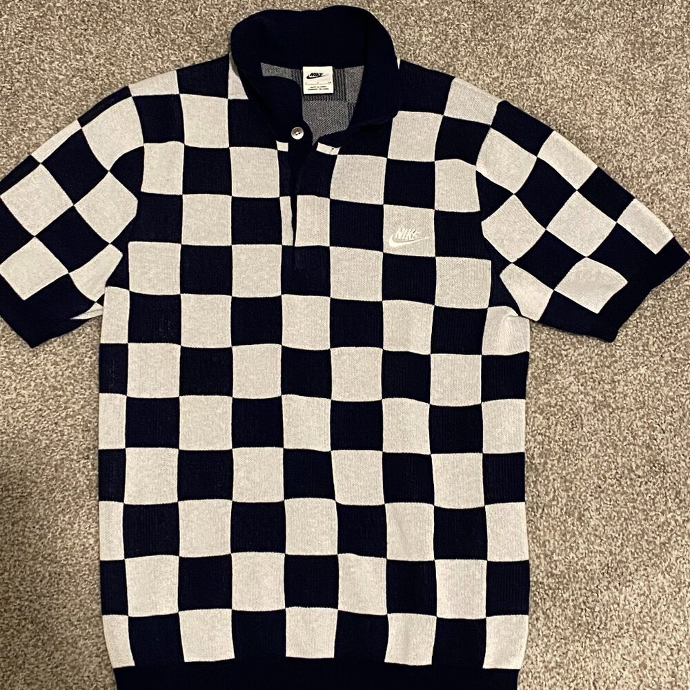 Men's Nike Checkerboard Knit Collard Shirt Navy/white Size Small